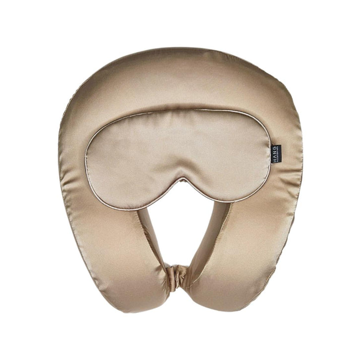 Taupe Memory Foam Satin Neck Pillow and Taupe Satin Eye Mask Set