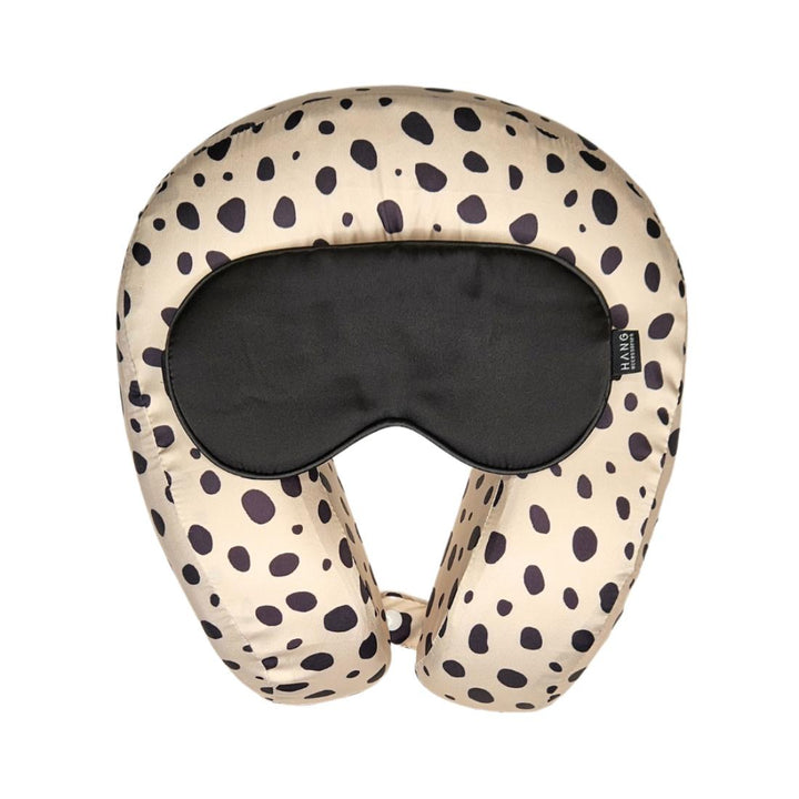 Cheetah Spot Memory Foam Satin Neck Pillow and Black Satin Eye Mask Set