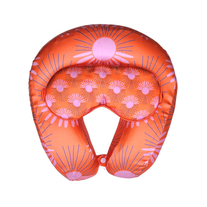 Burning Sun Memory Foam Satin Neck Pillow and Burning Sun Satin Eye Mask Set